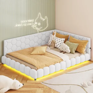 Padded Couch x bed, double bed, lamb wool, with LED lighting and USB port, slatted box, no mattress, White