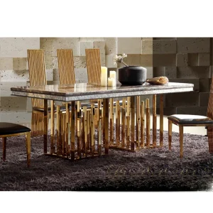 Linlamlim Luxury Marble Dining Table Set with Gold Stainless Steel Frame, Dining Room Table with Sea Shell and High-Back Chairs