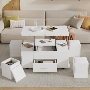 Height-adjustable coffee table,4-in-1 sofa table convertible into a living room dining table with drawers,includes 4 stools