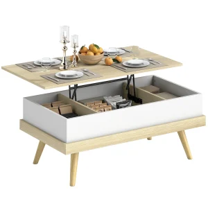 Homcom Liftable Coffee Table with 3 Hidden Storage Compartments and Wooden Legs 100X79X54 cm Natural and White
