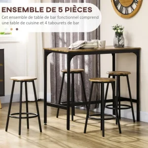 High Table Set with 4 Stools and Footrest, Black Metal and Wood Look for Kitchen Dining Room
