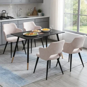 Cozy furniture set of 4 dining chairs Scandinavian fabric soft metal legs for living room and Kitchen Beige 47x48x80 cm