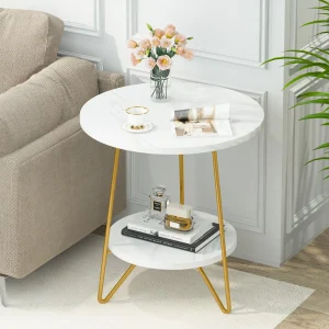 Tribesigns 2 Tier Faux Marble End Table Round Side Table with Shelves Small Coffee Accent Table for Living Room, White and Gold