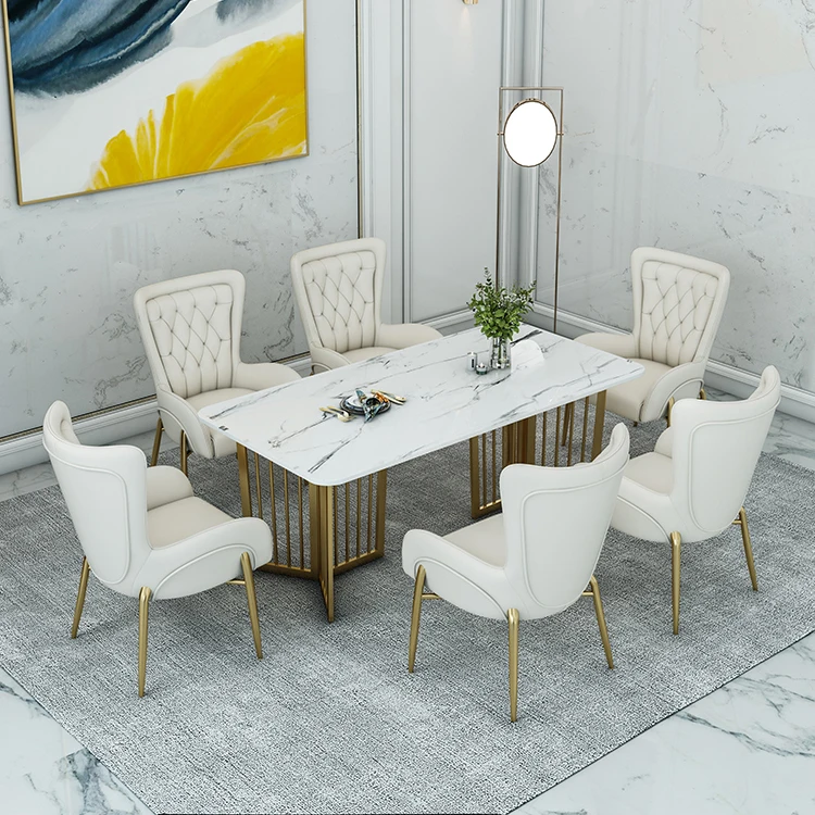 Luxury Dining Room Furniture Dining Table and Chair Set with Gold Stainless Steel Frame and Leather Fabric Chairs - Image 2