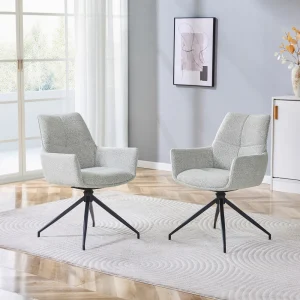 Set of 2 European Luxury 360° Swivel Dining Chairs, Light Beige Gray Fabric, Black Lacquered Metal Legs Modern Home Furniture