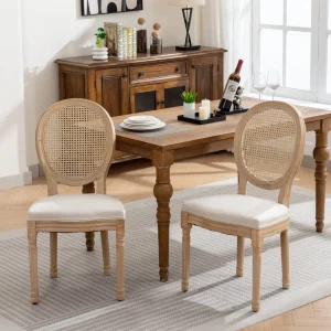 French Style Solid Wood Frame Antique Painting Linen Fabric Rattan Back Dining Chair, Set of 2,Cream,Beige