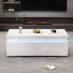 Living room table with LED, coffee table with 2 drawers, high-gloss sofa table, modern minimalist table, side table with geometric design, 95*45*35 cm coffee table