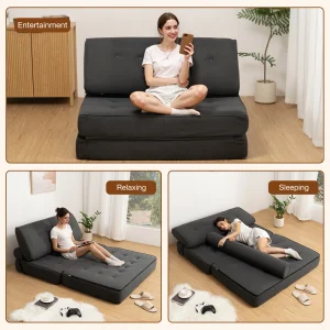 Folding Sofa Bed Sleeper Sofa Chair 3 in 1 Convertible Sofa Bed with 2 Pillows Foldable Couches Mattress with Back Support Floor