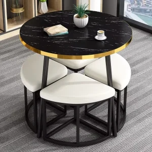 -+Hot Customized Compact Complete Gold Edge MDF 1 Table 4 Chairs Without Backrest Dining Room Sets For Restaurant Cafes Hotel Ba