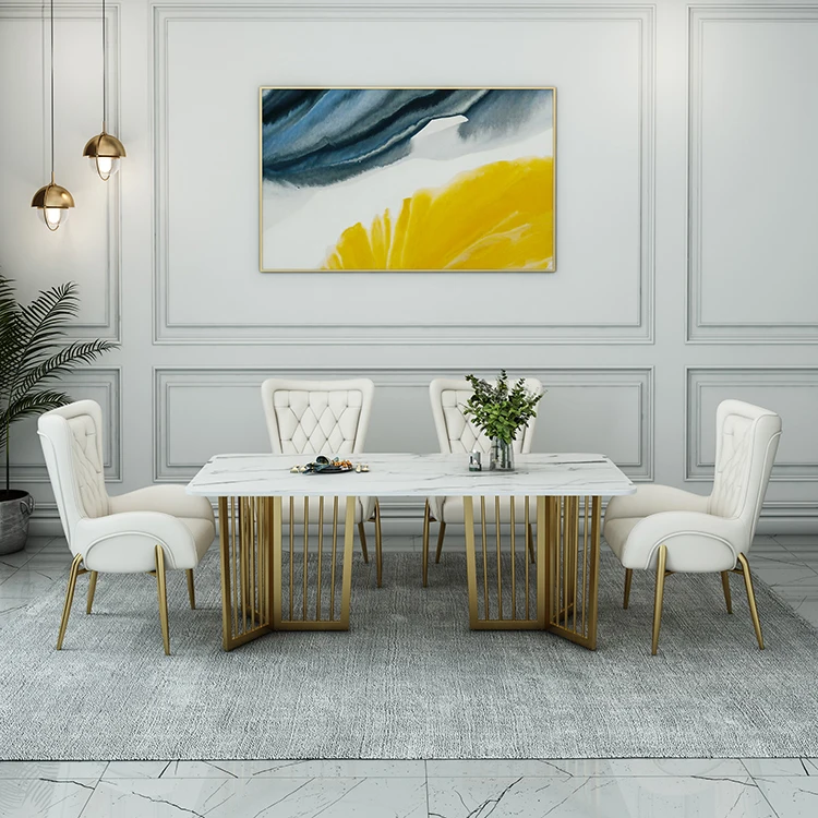 Luxury Dining Room Furniture Dining Table and Chair Set with Gold Stainless Steel Frame and Leather Fabric Chairs - Image 3