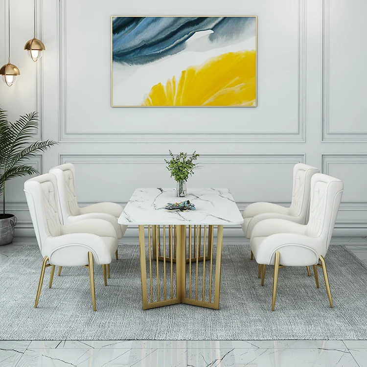 Luxury Dining Room Furniture Dining Table and Chair Set with Gold Stainless Steel Frame and Leather Fabric Chairs - Image 4