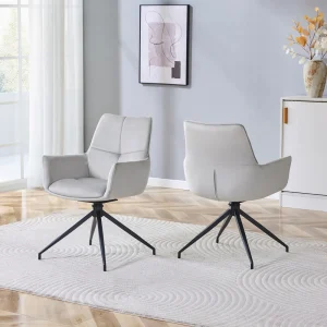 Set of 2 European 360° Swivel Dining Chairs, Light Gray Breathable Fabric, Black Lacquered Metal Legs Modern Home Use