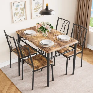 5 pcs Dining Table Set, Kitchen Table and Chairs Set for 4, Easy to Clean, Metal Frame Wooden Table Top Small Space for Kitchen