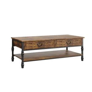 41 in Wood Coffee Table with 2 Storage Drawers, Rustic Rectangular Living Room Tables with/Storage Shelf, Center Table for Home