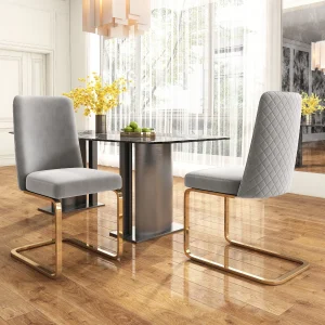 Gray Velvet Dining Chairs Set of 2, Diamond Tufted Back, Gold Metal Legs, Luxury Accent Chairs for Living Room & Bedroom